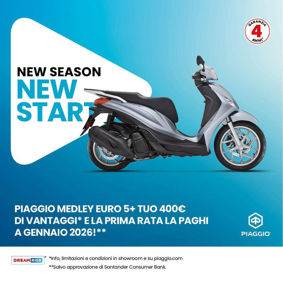 Per questo mese, 400 € di vantaggi sulla gamma Piaggio Medley e la prima rata la paghi nel 2026!