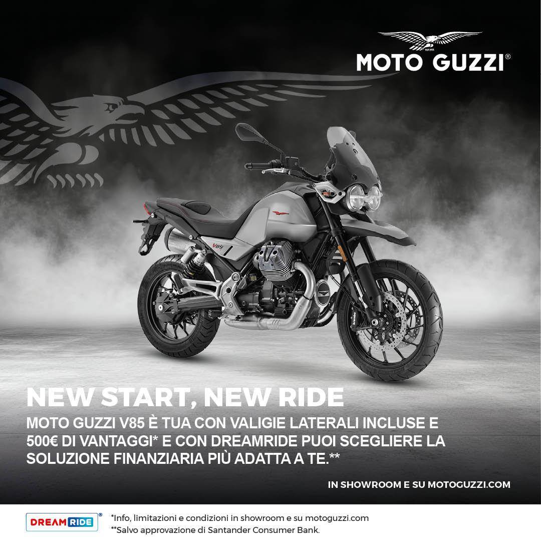 Per questo mese, Moto Guzzi V85 tua con valigie laterali in alluminio incluse e 500 € di vantaggi!