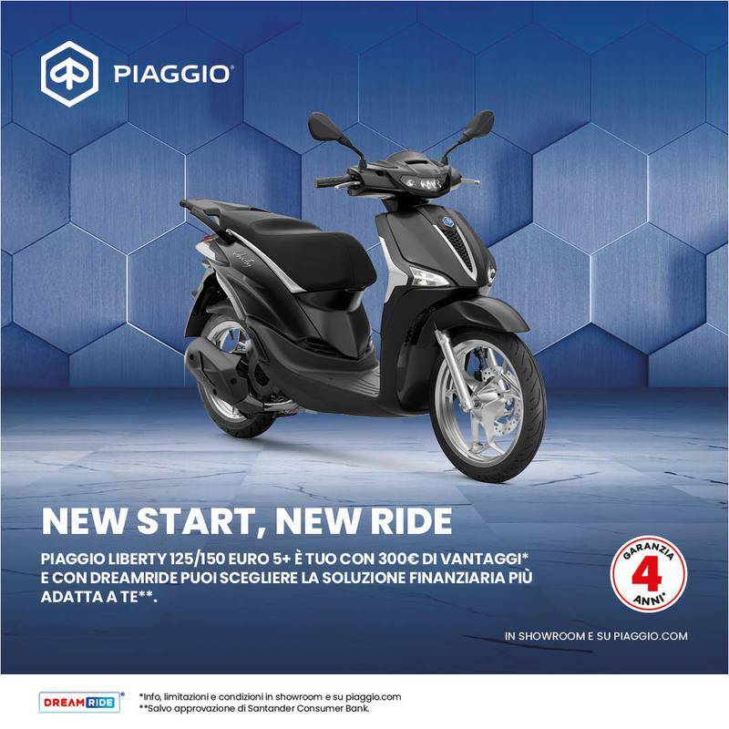 Per questo mese, 300 € di vantaggi sulla gamma Piaggio Liberty e la prima rata la paghi a Aprile 2026!