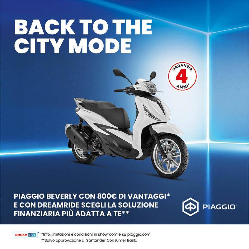 Per questo mese, Piaggio Beverly tuo con 800€ di vantaggi + FINANZIAMENTO TASSO 0 FINANZIAMENTO TAN 0 E PRIMA RATA A GENNAIO 2027!