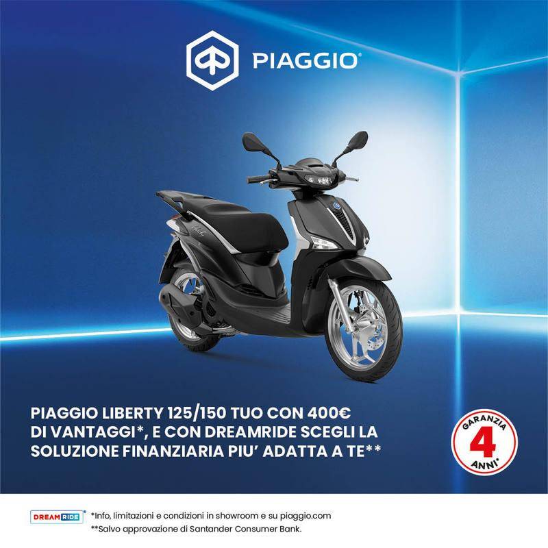 Per questo mese, 400 € di vantaggi sulla gamma Piaggio Liberty + FINANZIAMENTO TAN 0 E ANTICIPO 0!