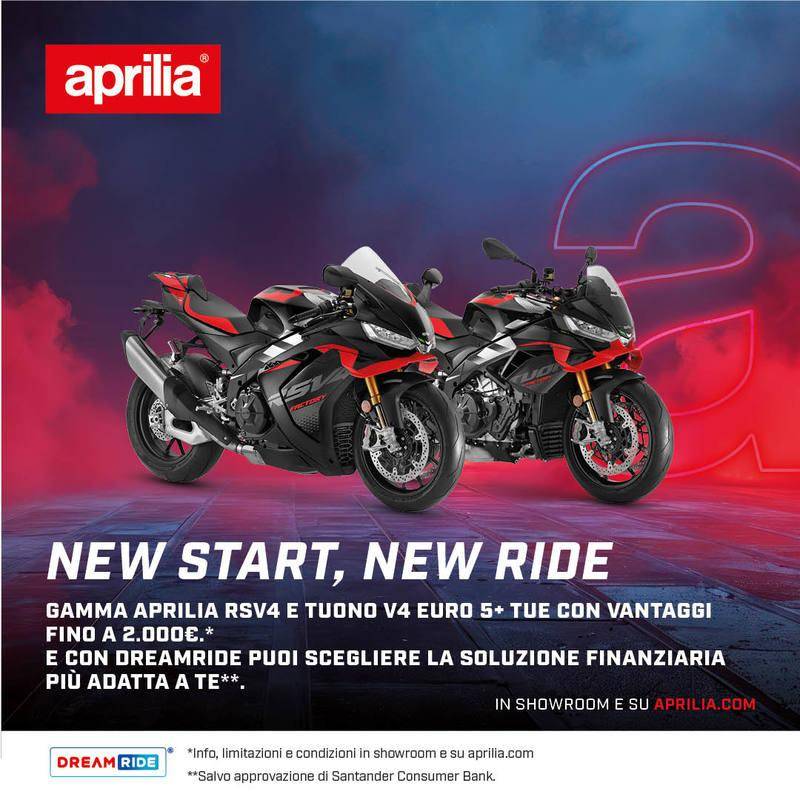 Per questo mese, fino a 2.000 € di vantaggi sulla gamma Aprilia RSV4 e Tuono V4!