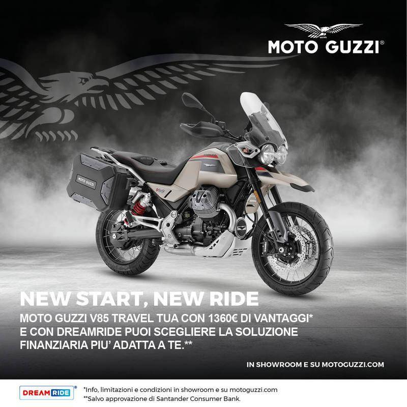 Per questo mese, Moto Guzzi V85 TT tua con valigie laterali in alluminio incluse e 500 € di vantaggi. V85 Travel, tua con 1360€ di vantaggi!