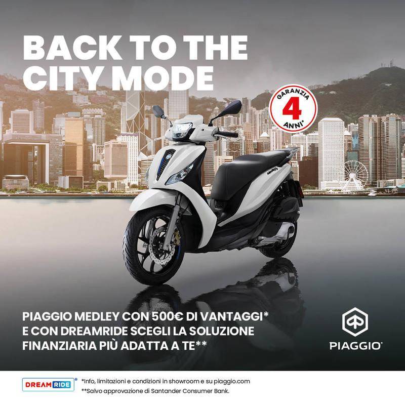 Per questo mese, 500 € di vantaggi sulla gamma Piaggio Medley + FINANZIAMENTO TASSO 0 FINANZIAMENTO TAN 0 E PRIMA RATA A GENNAIO 2027!