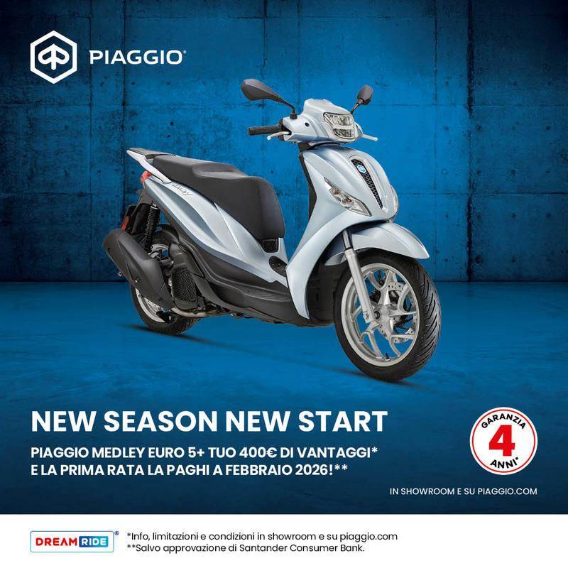 Per questo mese, 400 € di vantaggi sulla gamma Piaggio Medley e la prima rata la paghi nel 2026!