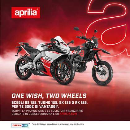 Per questo mese, 300 € di vantaggi sulla gamma RS 125, RX 125, SX 125 e Tuono 125!