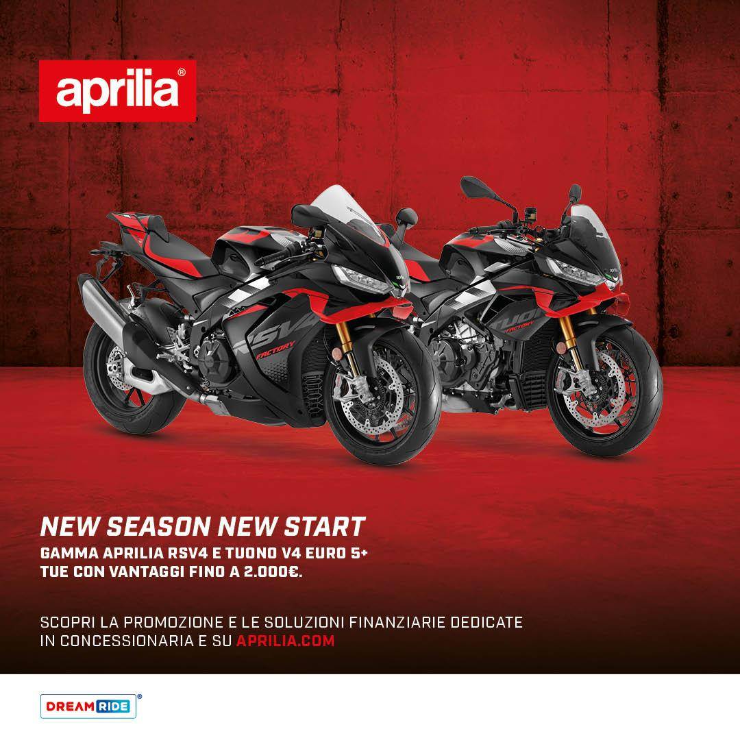 Per questo mese, fino a 2.000 € di vantaggi sulla gamma Aprilia RSV4 e Tuono V4!