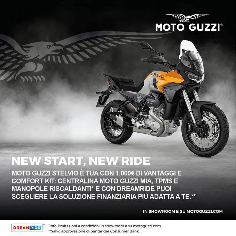Per questo mese, Moto Guzzi Stelvio* tua con 1.000 € di vantaggi e comfrot kit omaggio!