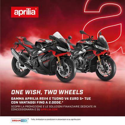Per questo mese, fino a 2.000 € di vantaggi sulla gamma Aprilia RSV4 e Tuono V4!
