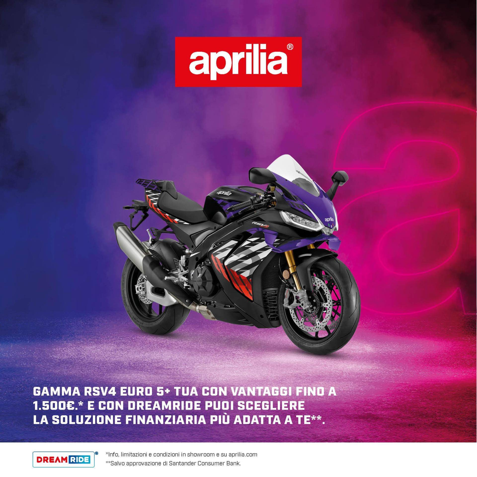 Per questo mese, fino a 1.500 € di vantaggi sulla gamma Aprilia RSV4!
