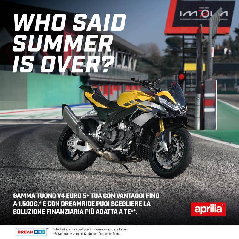 Per questo mese, fino a 1.500 € di vantaggi sulla gamma Aprilia V4, RS e TUONO!
