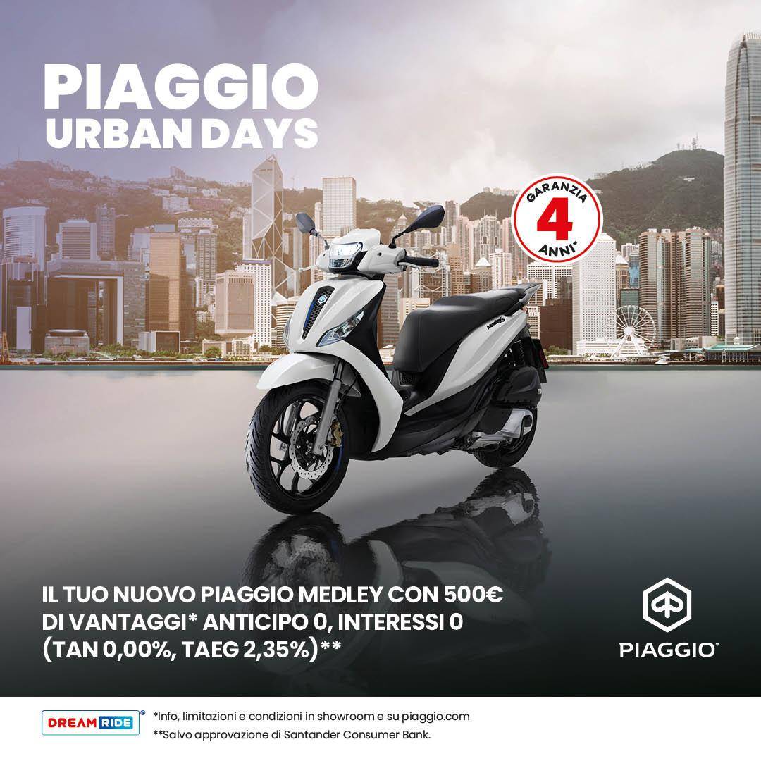 Per questo mese, 500 € di vantaggi sulla gamma Piaggio Medley + FINANZIAMENTO TASSO 0 E ANTICIPO 0!