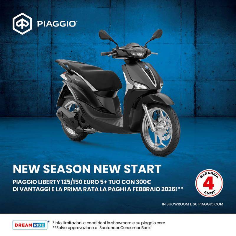 Per questo mese, 300 € di vantaggi sulla gamma Piaggio Liberty e la prima rata la paghi a Gennaio 2026!