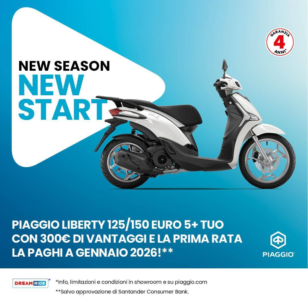 Per questo mese, 300 € di vantaggi sulla gamma Piaggio Liberty e la prima rata la paghi a Gennaio 2026!
